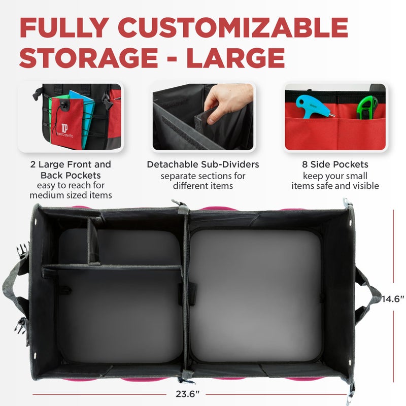 TRUNKCRATEPRO Red Car Accessories Trunk Organizer For Car, Suv Premium Multi Compartments Collapsible Portable Car Organizer For Women W 2 Adjustable straps, non-skid bottom (Large Capacity) - Image 2
